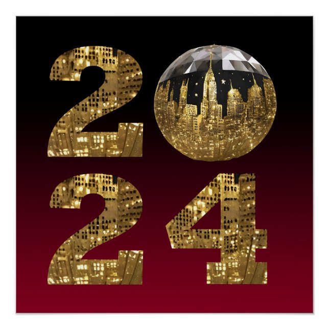 Poster 2024 Nouvel An-Ball-NYC Or & Rouge- (Devant)