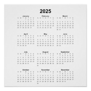 Poster 2025 Année Calendrier mensuel Carré Tous les objec