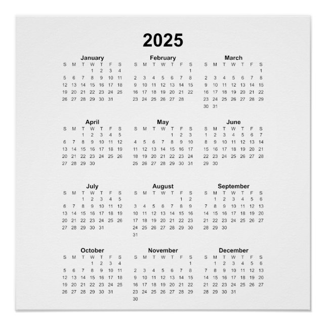 Poster 2025 Année Calendrier mensuel Carré Tous les objec (Devant)