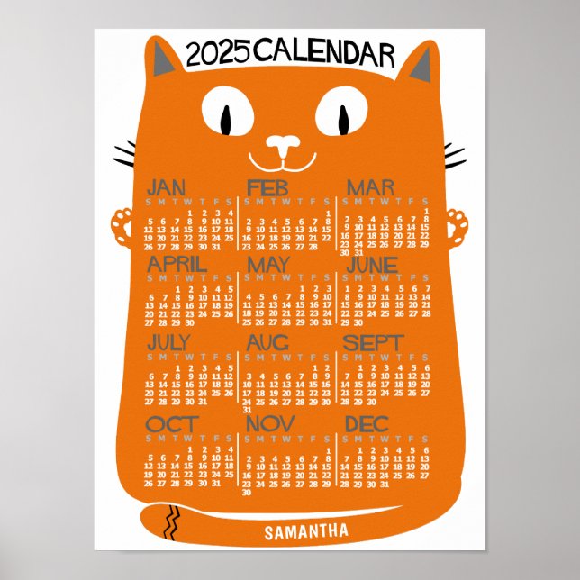 Poster 2025 Année Calendrier mensuel Mi-Siècle Orange Cha (Devant)