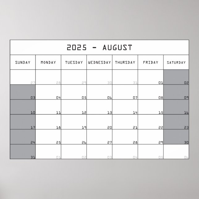 Poster 2025 août planer calendrier gros notes espace (Devant)