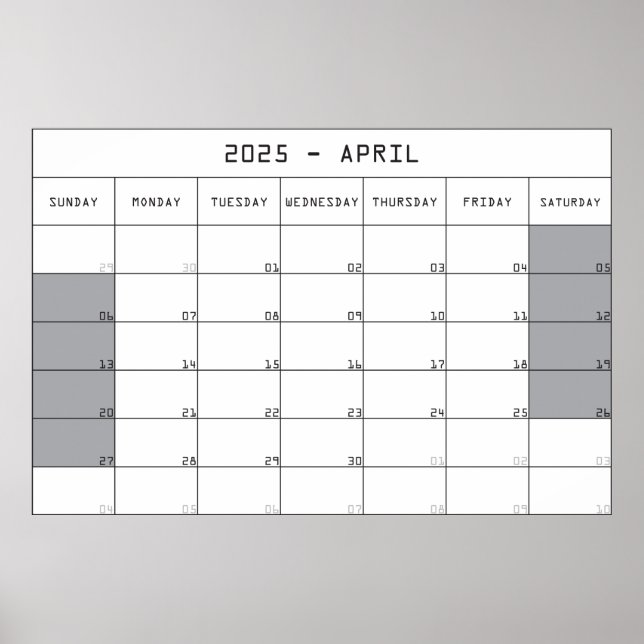 Poster 2025 avril calendrier planer gros notes espace (Devant)