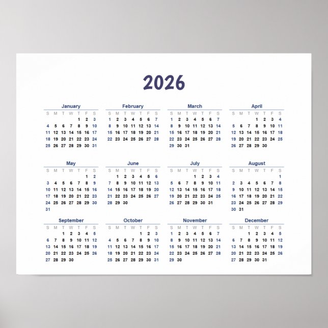 Poster 2026 Année Calendrier mensuel des murs Tous les jo (Devant)
