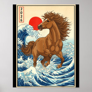 Poster 2026 Année du Cheval Art de la Vague Japonaise Nou
