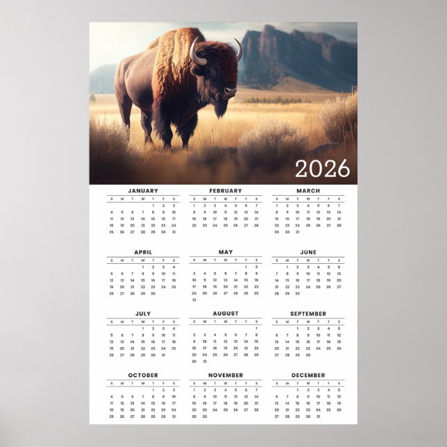 Poster 2026 Bison & Mountain Landscape Calendar (Devant)