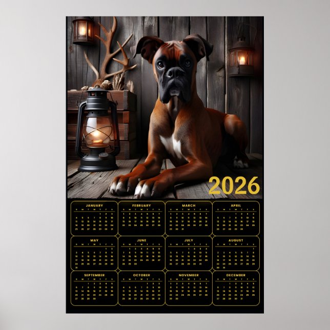 Poster 2026 Boxer Dog Calendar – Rustic Cabin Portrait (Devant)