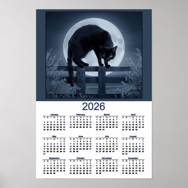Poster 2026 Calendar Black Cat on a Fence with Full Moon (Devant)