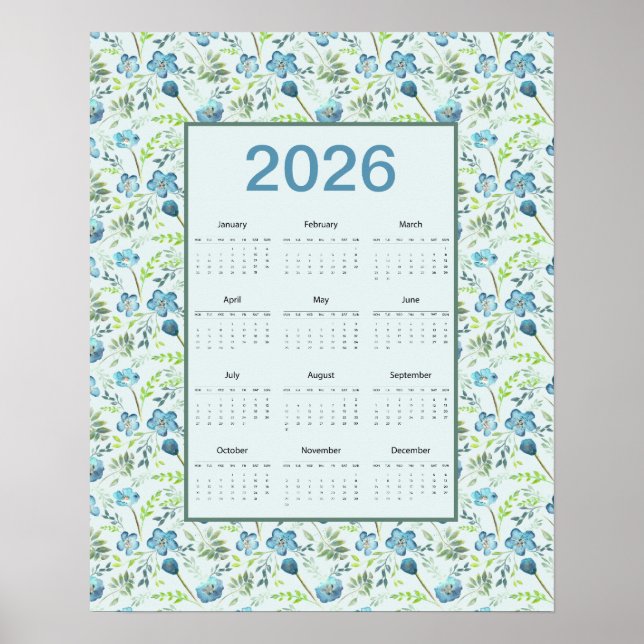 Poster 2026 Calendar Full Year Blue Floral (Devant)