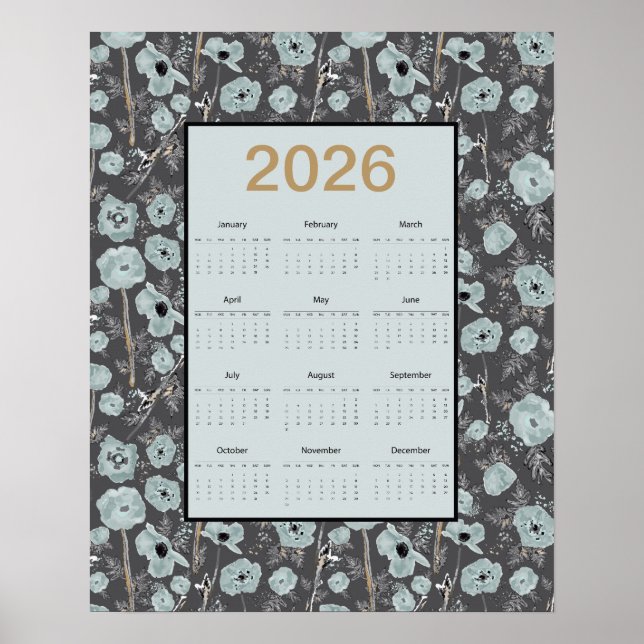 Poster 2026 Calendar Full Year Blue Gray Poppies (Devant)