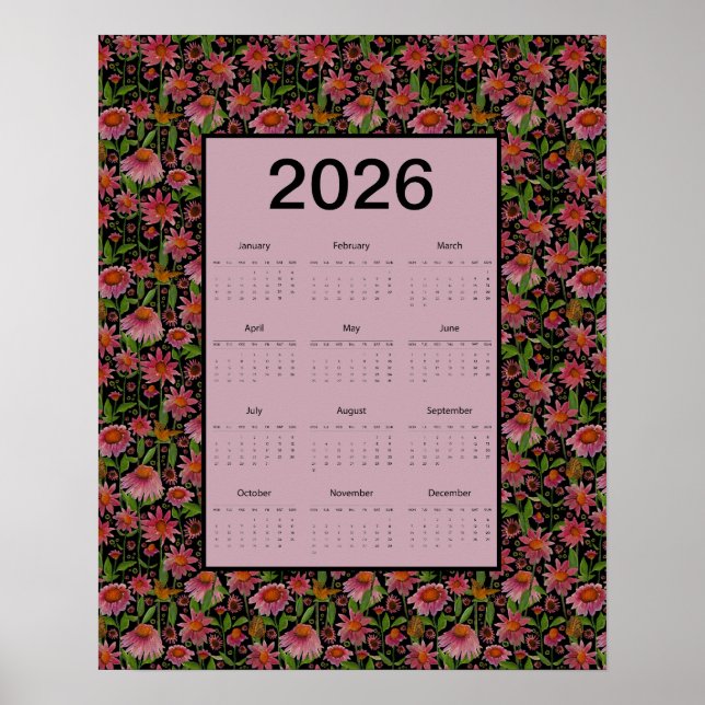 Poster 2026 Calendar Full Year Cone Flowers (Devant)