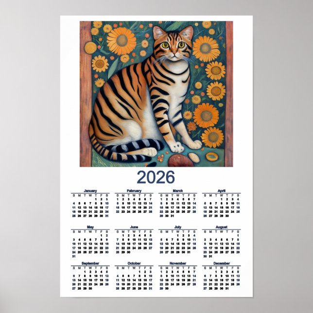 Poster 2026 Calendar with Tabby Cat Folk Art (Devant)