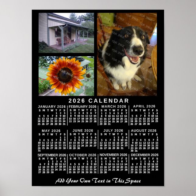 Poster 2026 Calendar Year Black Custom 3 Photos Monthly (Devant)