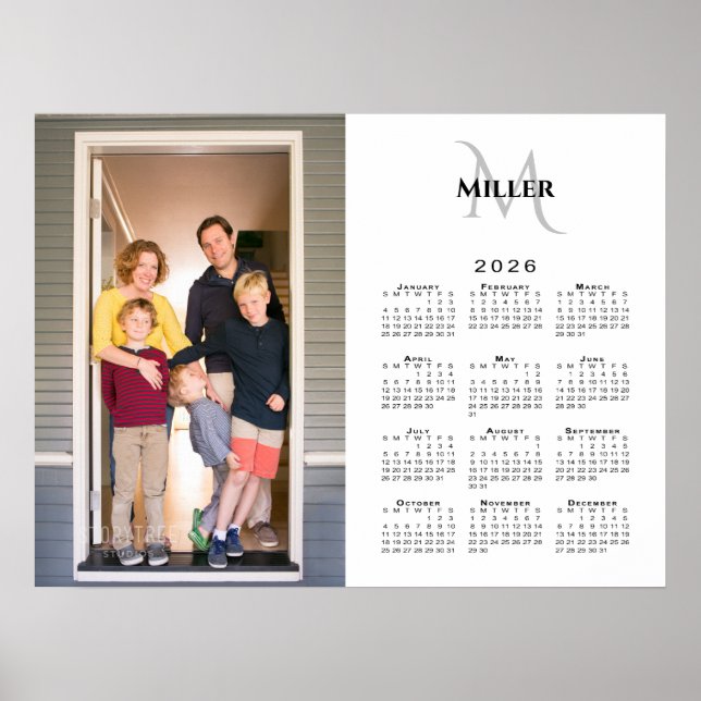 Poster 2026 Calendrier personnalisé Nom du monogramme pho (Devant)
