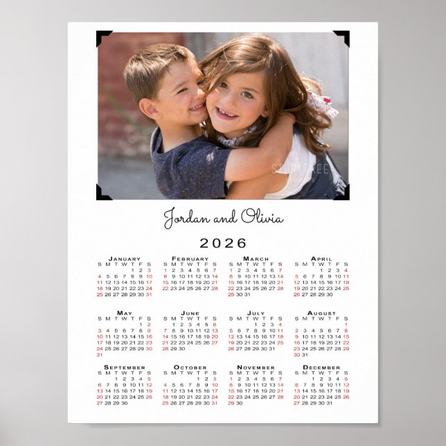 Poster 2026 Calendrier Votre photo et votre nom en blanc (Devant)