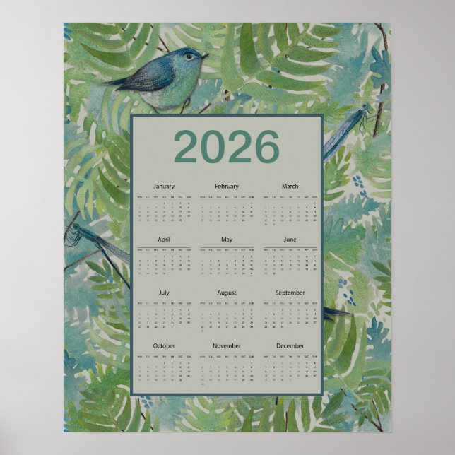 Poster 2026 Ferns Birds Calendar (Devant)
