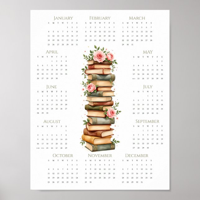 Poster 2026 Floral Book Lover Calendar 1-Page Wall Print (Devant)