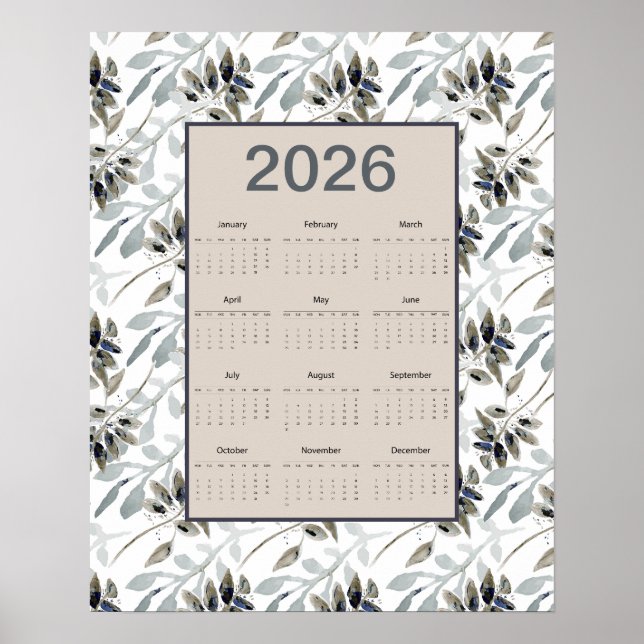 Poster 2026 Full Year Calendar Leaves Botanical (Devant)