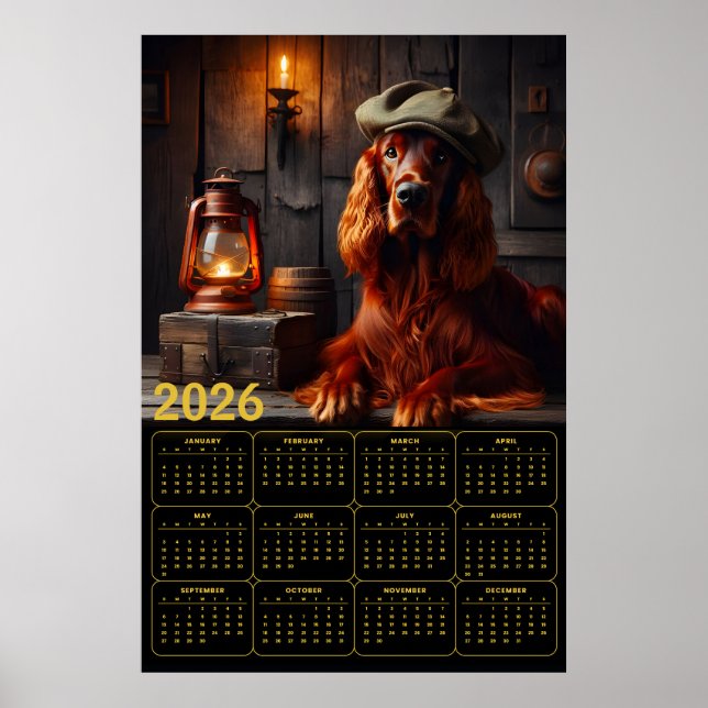 Poster 2026 Irish Setter in Green Beret Rustic Calendar (Devant)