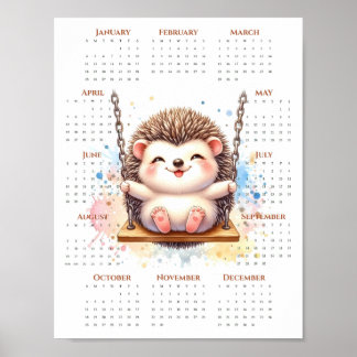 Poster 2026 One-Page Calendar Cute Hedgehog on Swing