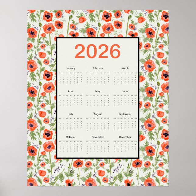 Poster 2026 Orange Poppies Calendar (Devant)