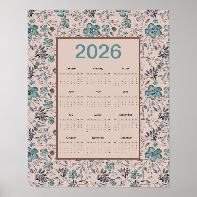 Poster 2026 Teal Flowers Calendar (Devant)