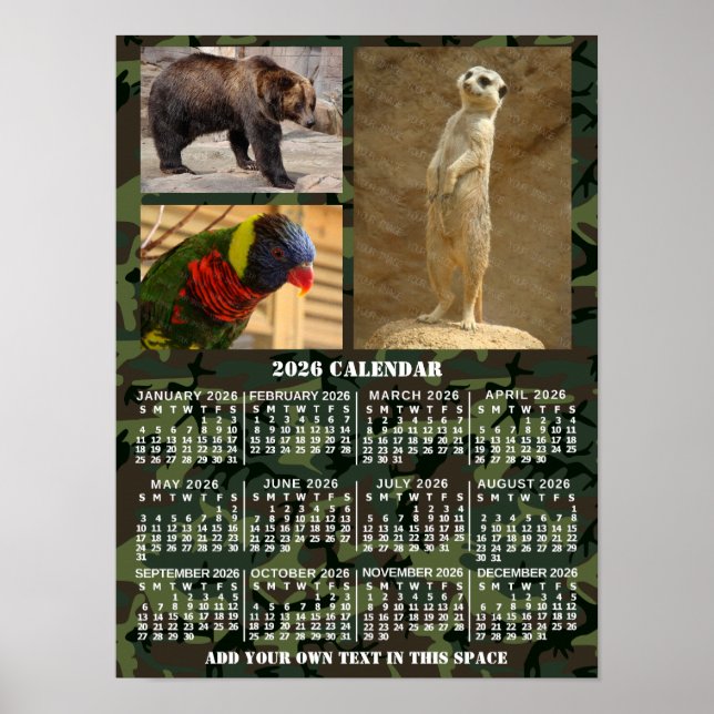 Poster 2026 Year Monthly Calendar Camouflage Add 3 Photos (Devant)