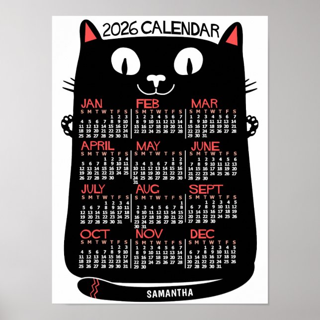 Poster 2026 Year Monthly Calendar Mid-Century Black Cat (Devant)