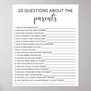 Poster 20 Questions sur le jeu de baby shower Parents