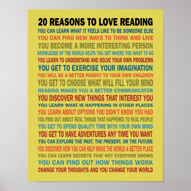 Poster 20 raisons d'aimer les livres de lecture (Devant)