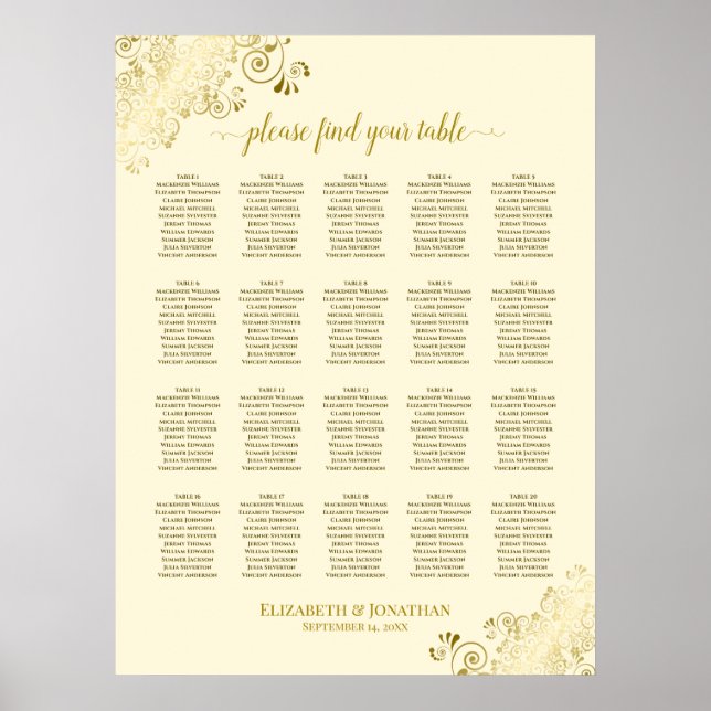 Poster 20 Table Cream & Gold Frills Mariage Seating Chart (Devant)
