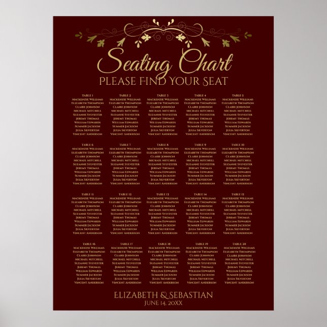 Poster 20 Table Gold & Auburn Brown Mariage Seating Chart (Devant)