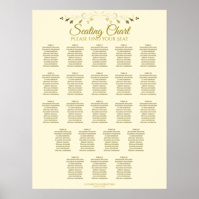 Poster 22 Table Simple Gold Cream Wedding Seating Chart (Devant)