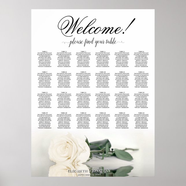 Poster 24 Table Rose blanche Élégante carte de mariage (Devant)