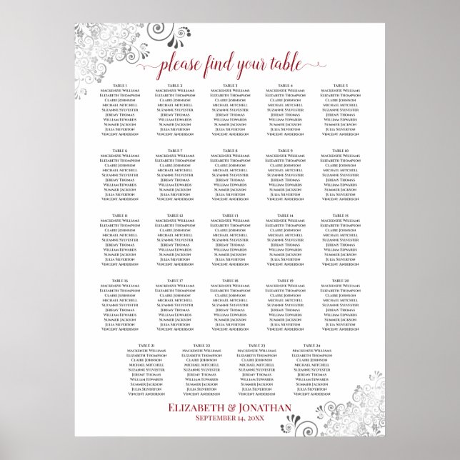 Poster 24 Table White & Red Chic Wedding Seating Chart (Devant)