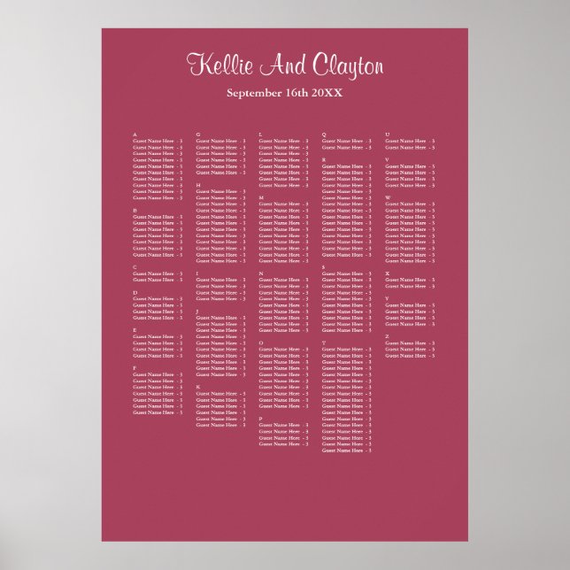 Poster 250+ Burgundy Simple Mariage Seating Chart (Devant)