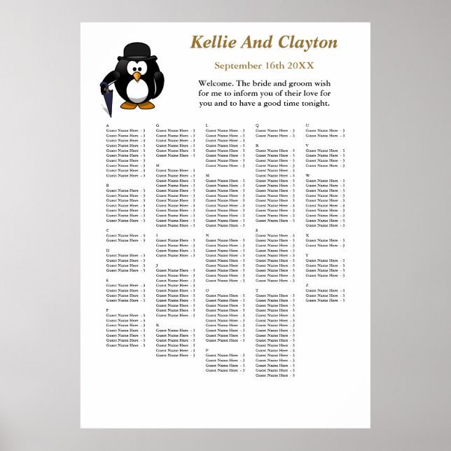 Poster 250 Drôle Penguin Greeter Mariage Seating Chart (Devant)
