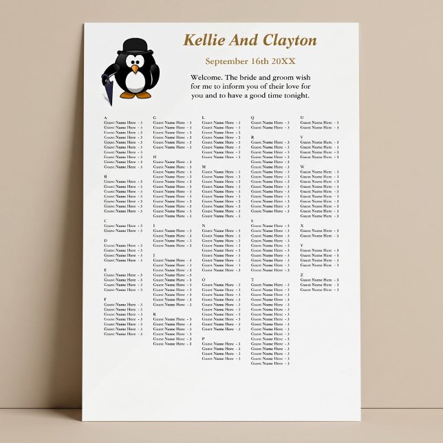 Poster 250 Drôle Penguin Greeter Mariage Seating Chart (Créateur téléchargé)