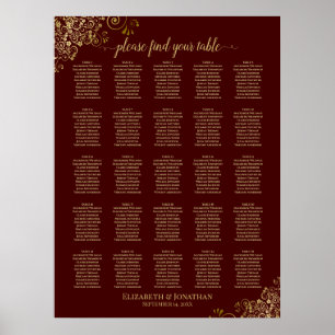 Poster 25 Table Gold & Auburn Brown Mariage Seating Chart