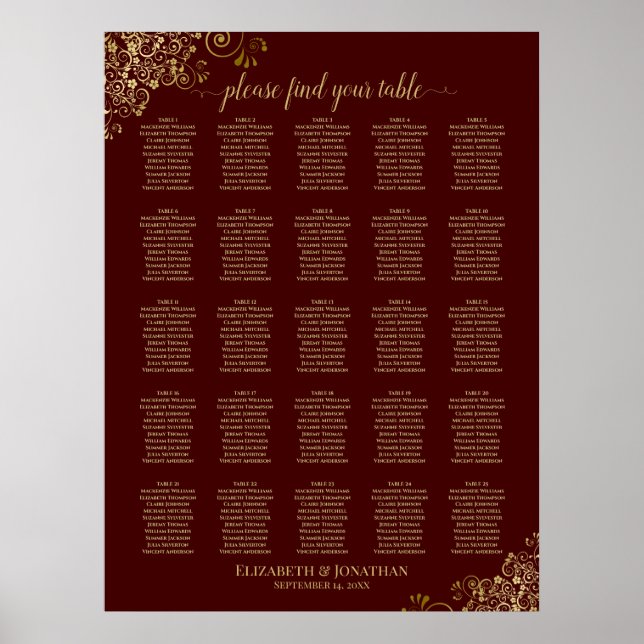 Poster 25 Table Gold & Auburn Brown Mariage Seating Chart (Devant)
