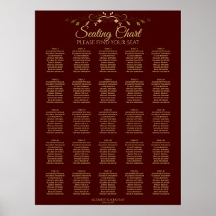Poster 25 Table Gold & Auburn Brown Wedding Seating Chart