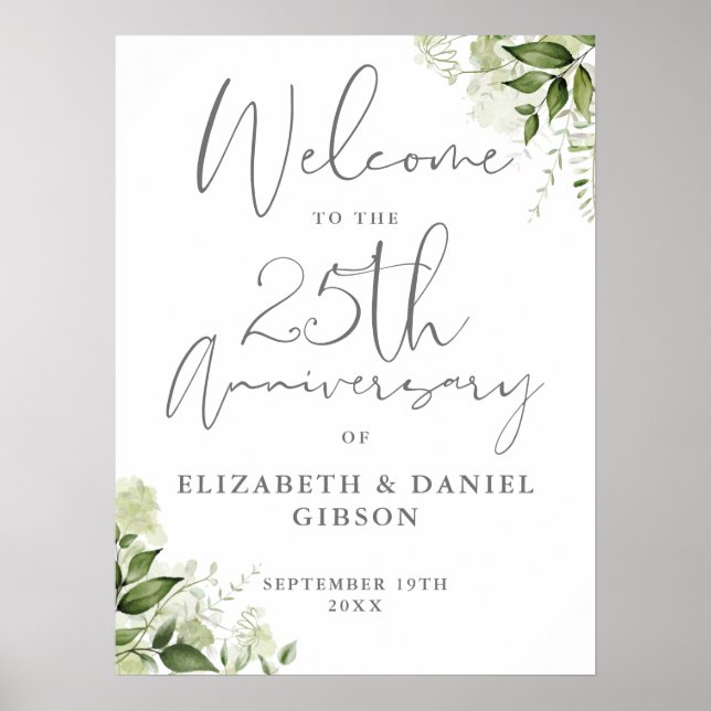 Poster 25th Wedding Anniversary Greenery Welcome Sign (Devant)