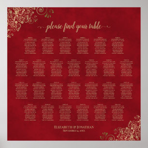 Poster 26 Table Gold Frills on Red Wedding Seating Chart