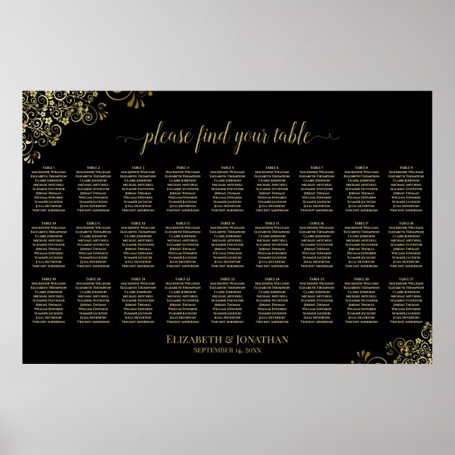 Poster 27 Table Plan de Table de Mariage Noir & Doré Fran (Devant)