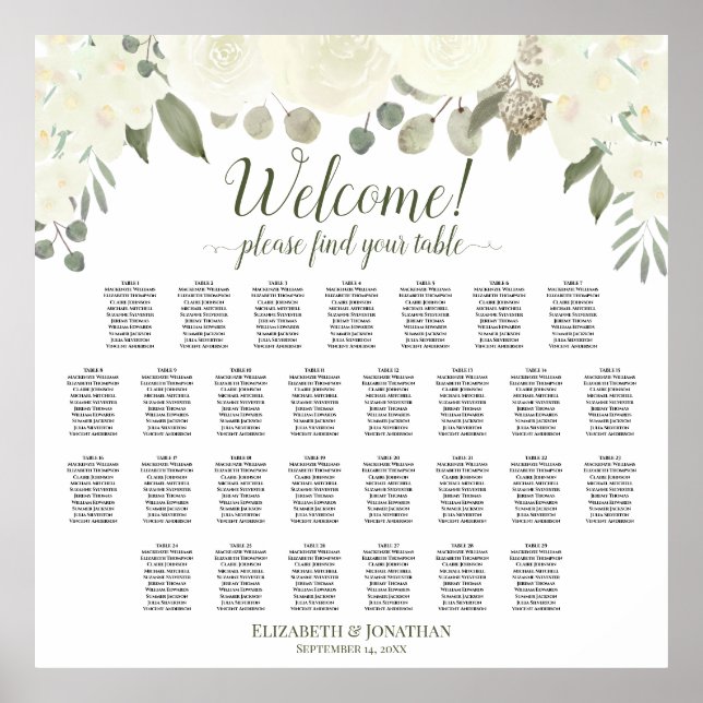 Poster 29 Table Ivoire Roses Blanc Mariage Plan de Table (Devant)