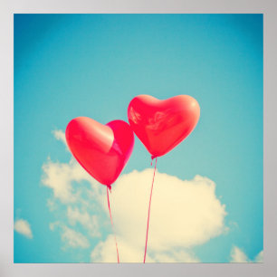 Poster 2 Ballons en forme de coeur rouge brillant flottan