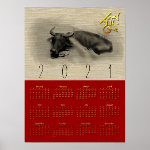 Poster 2 Buffles d'eau chinois Ox Calendrier du Nouvel An