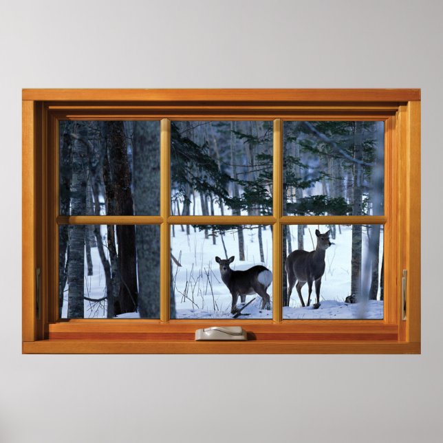 Poster 2 Cerfs dans la fenêtre de neige hivernale Illusio (Devant)
