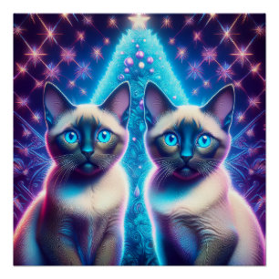 Poster 2 Chatons Siamois Posant Dans L'Arbre De Noël