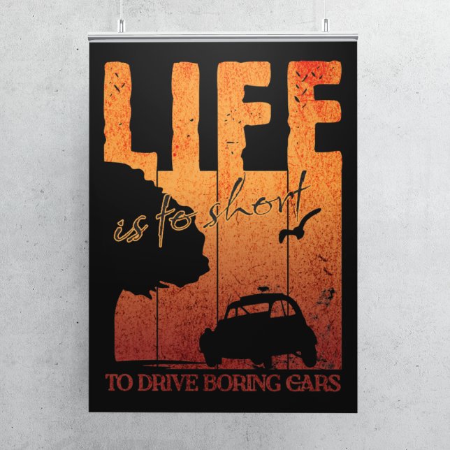 Poster 2CV Oldtimer Life est trop court pour conduire des (2CV Poster in Black with a Orange Sunset Background)