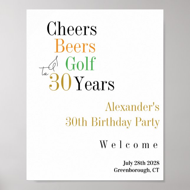 Poster 30e anniversaire Golf Cheers Bières Party Bienvenu (Devant)